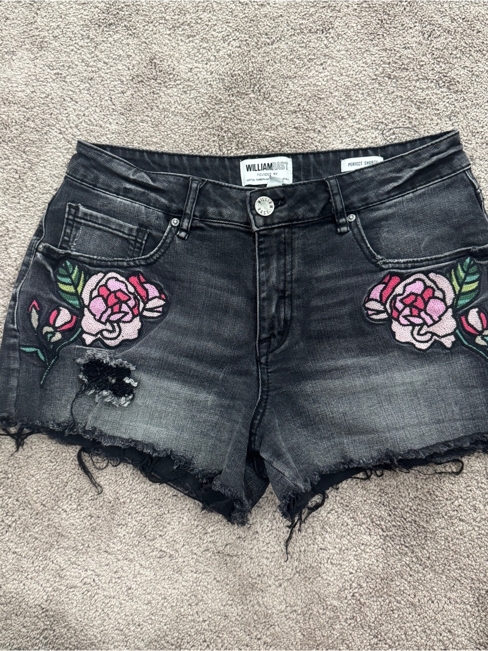 William Rast Gray Black Distressed Denim Shorts with Pink Rose Embroidery
